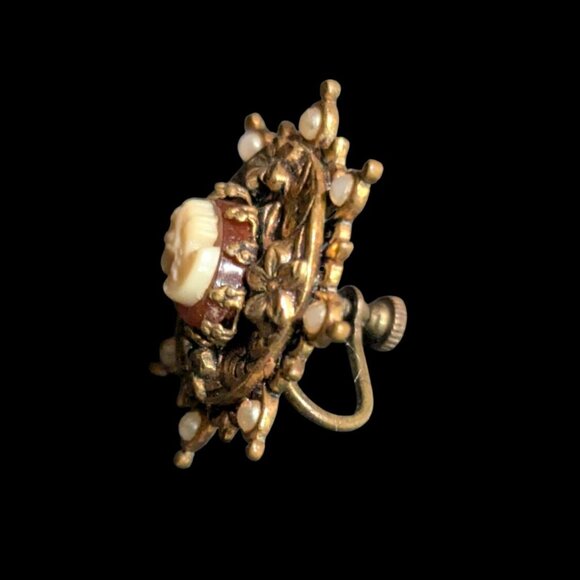 Vintage Antique Victorian Cameo Screw Back Earrings Seed Pearls Estate - Picture 3 of 6